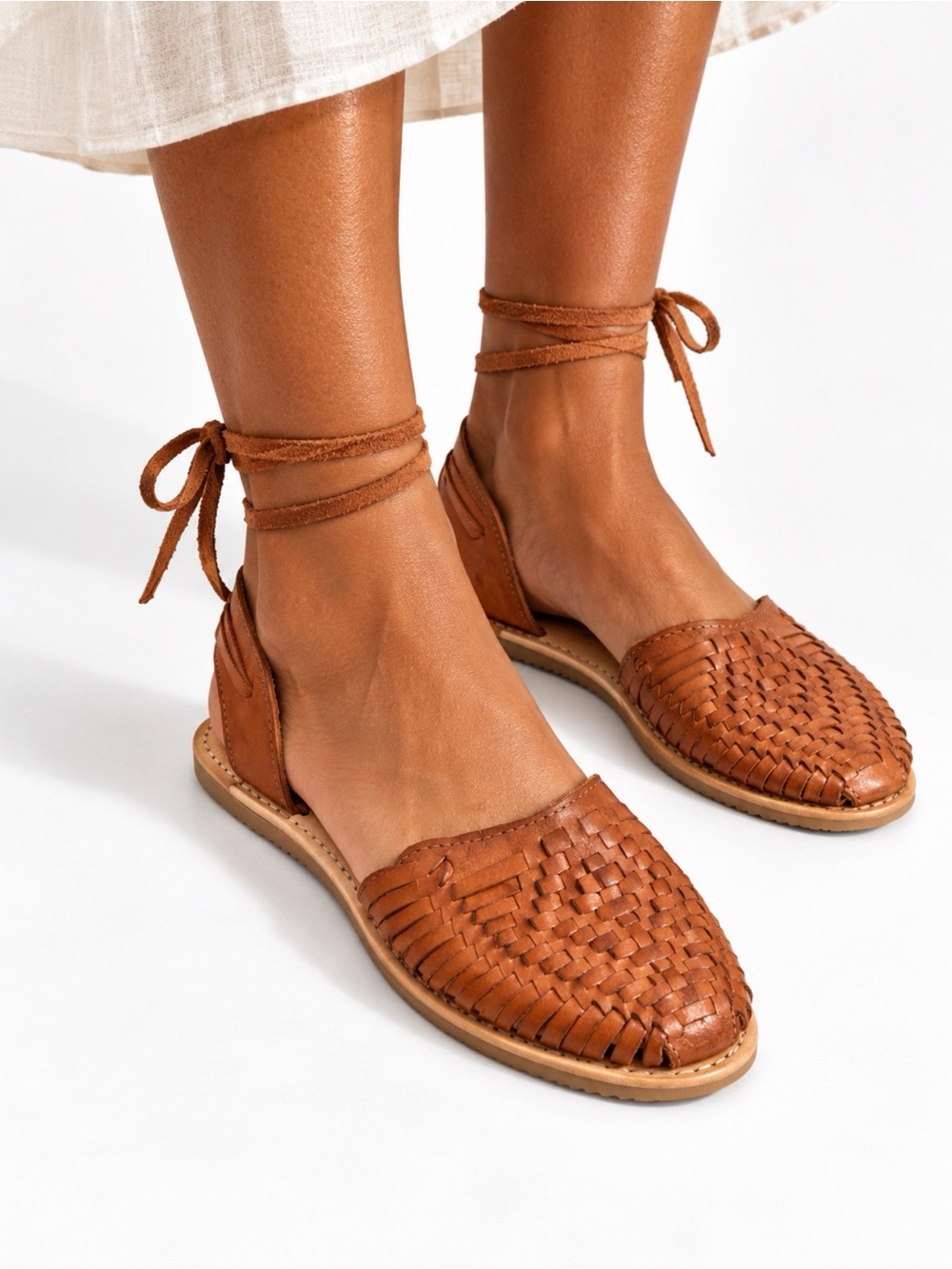 Woven Ankle-Tie Women’s Sandals - Tan